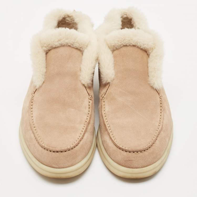 Pre Owned Loro Piana Beige Shearling and Suede Open Ankle Boots Size 37.5