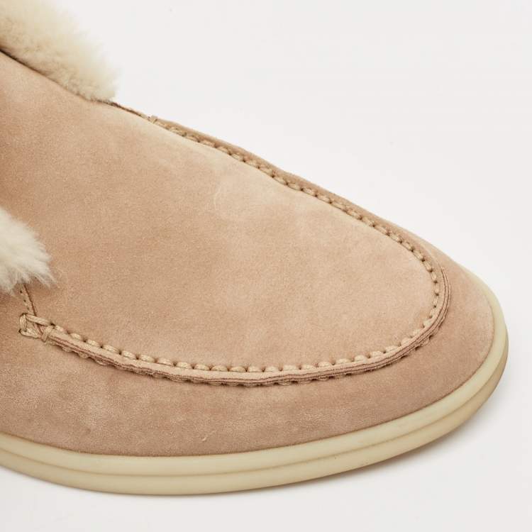 Pre Owned Loro Piana Beige Shearling and Suede Open Ankle Boots Size 37.5