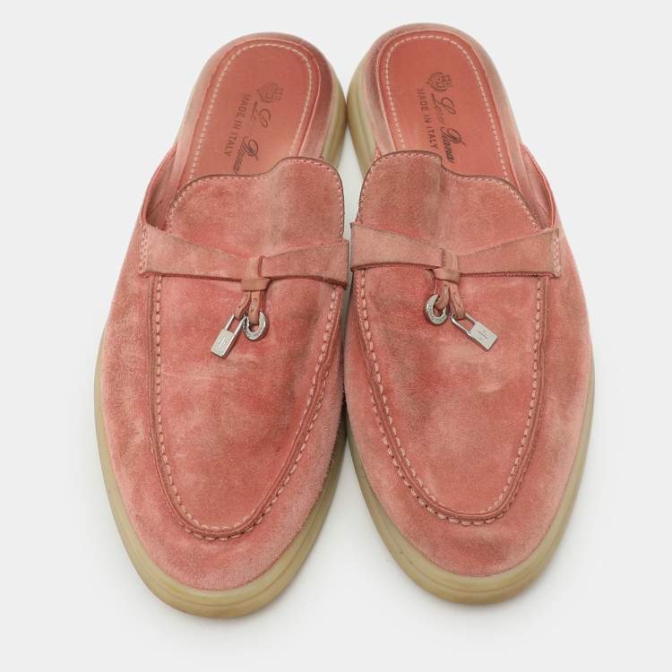 Pre Owned Loro Piana Pink Suede Babouche Charms Walk Flat Mules Size 38.5