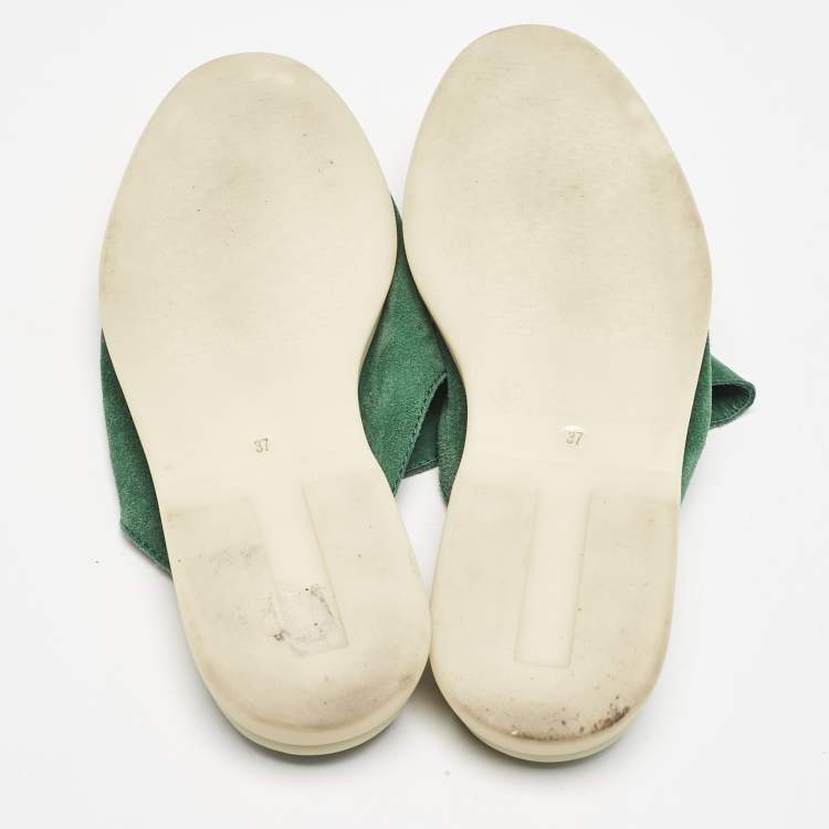 Pre Owned Loro Piana Green Suede and Croc Babouche Charms Walk Flat Mules Size 37