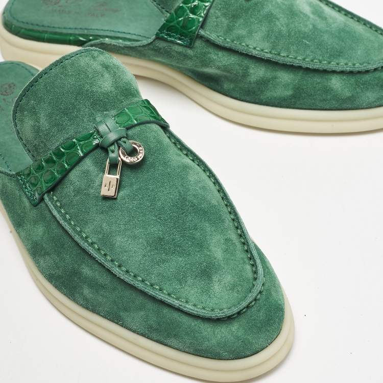 Pre Owned Loro Piana Green Suede and Croc Babouche Charms Walk Flat Mules Size 37