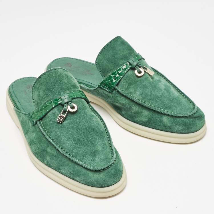Pre Owned Loro Piana Green Suede and Croc Babouche Charms Walk Flat Mules Size 37