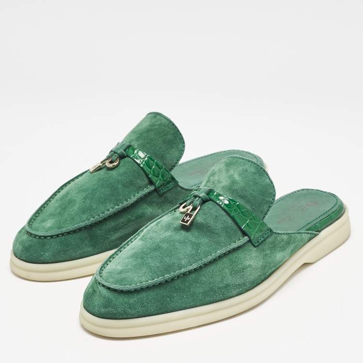 Pre Owned Loro Piana Green Suede and Croc Babouche Charms Walk Flat Mules Size 37