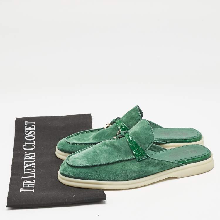 Pre Owned Loro Piana Green Suede and Croc Babouche Charms Walk Flat Mules Size 37