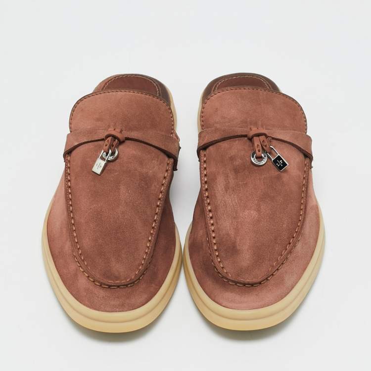 Pre Owned Loro Piana Pink Suede Babouche Charms Walk Mules Size 38
