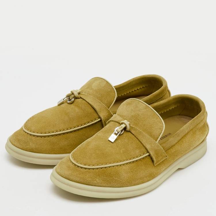 Pre Owned Loro Piana Yellow Suede Summer Charms Walk Slip On Loafers Size 35.5