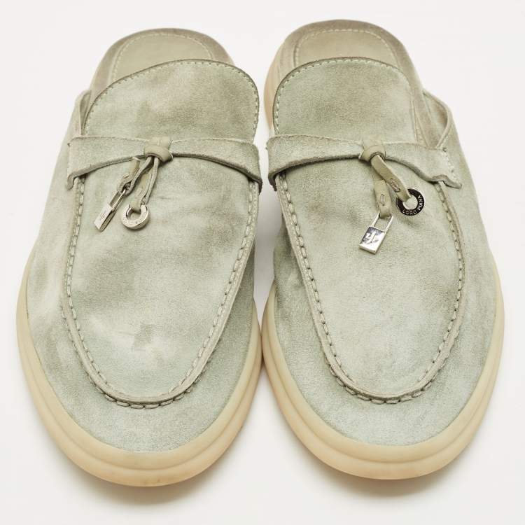 Pre Owned Loro Piana Mint Green Nubuck Leather Babouche Charms Walk Flat Mules Size 37.5