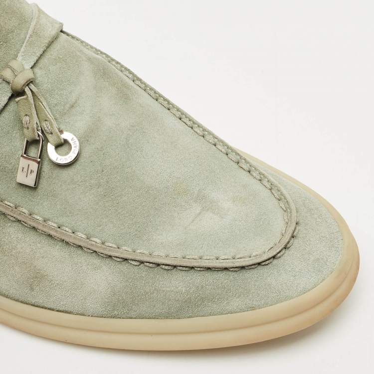 Pre Owned Loro Piana Mint Green Nubuck Leather Babouche Charms Walk Flat Mules Size 37.5