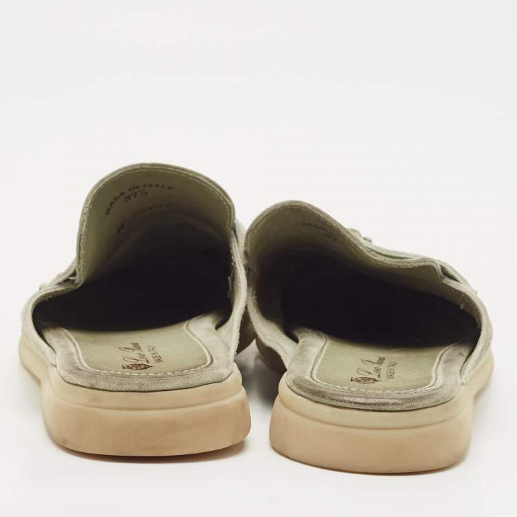 Pre Owned Loro Piana Mint Green Nubuck Leather Babouche Charms Walk Flat Mules Size 37.5