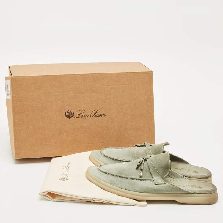 Pre Owned Loro Piana Mint Green Nubuck Leather Babouche Charms Walk Flat Mules Size 37.5