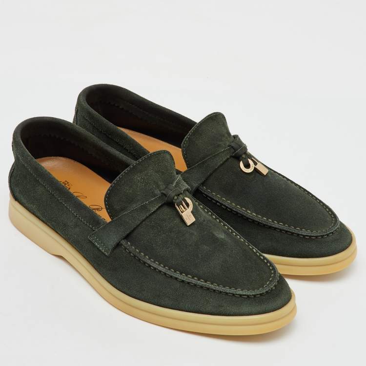 Pre Owned Loro Piana Green Suede Summer Charms Walk Slip On Loafers Size 35.5