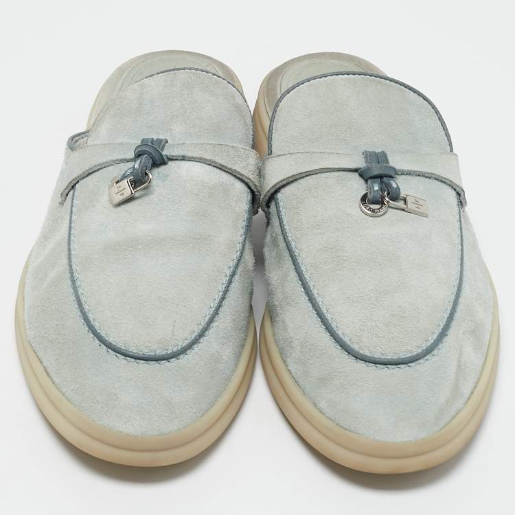 Pre Owned Loro Piana Light Blue Suede Babouche Charms Walk Flat Mules Size 38.5