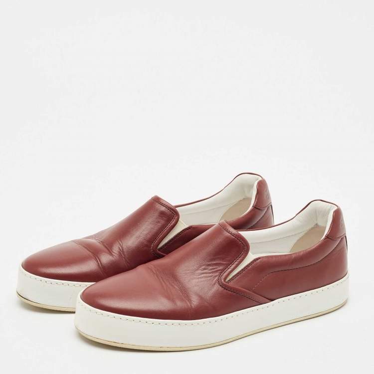 Pre Owned Loro Piana Burgundy Leather Slip On Sneakers Size 37.5