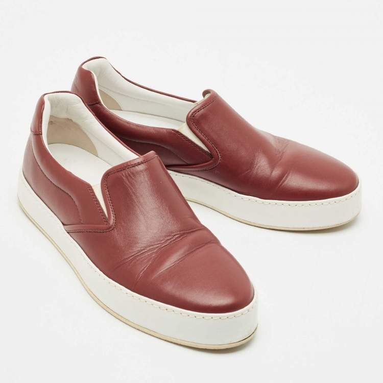 Pre Owned Loro Piana Burgundy Leather Slip On Sneakers Size 37.5