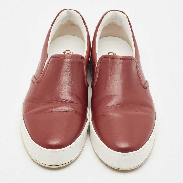 Pre Owned Loro Piana Burgundy Leather Slip On Sneakers Size 37.5