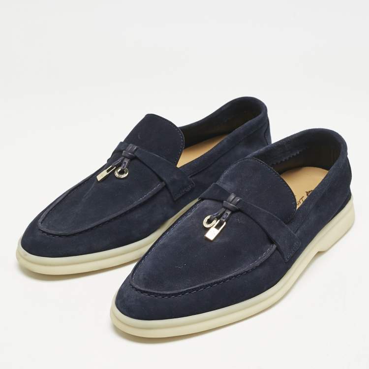 Pre Owned Loro Piana Navy Blue Suede Summer Charms Walk Loafers Size 38.5 