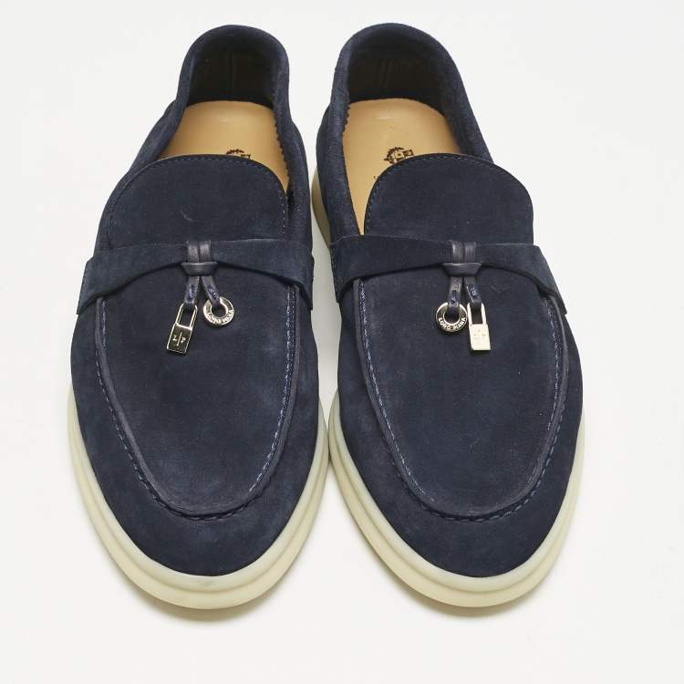 Pre Owned Loro Piana Navy Blue Suede Summer Charms Walk Loafers Size 38.5 