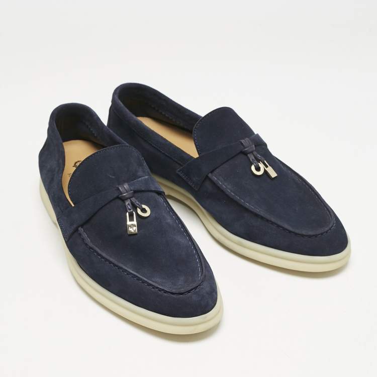 Pre Owned Loro Piana Navy Blue Suede Summer Charms Walk Loafers Size 38.5 