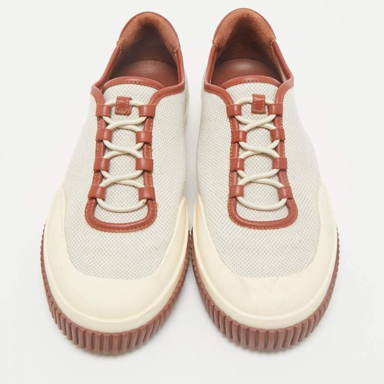 Pre Owned Loro Piana Grey/Brown Canvas and Leather Lace Up Sneakers Size 40