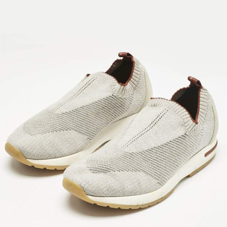 Pre Owned Loro Piana Off White/Grey Knit Fabric and Suede 360 Flexy Walker Sneakers Size 38