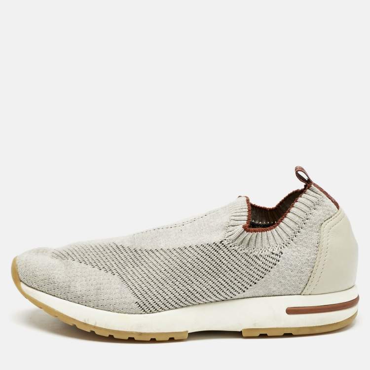 Pre Owned Loro Piana Off White/Grey Knit Fabric and Suede 360 Flexy Walker Sneakers Size 38