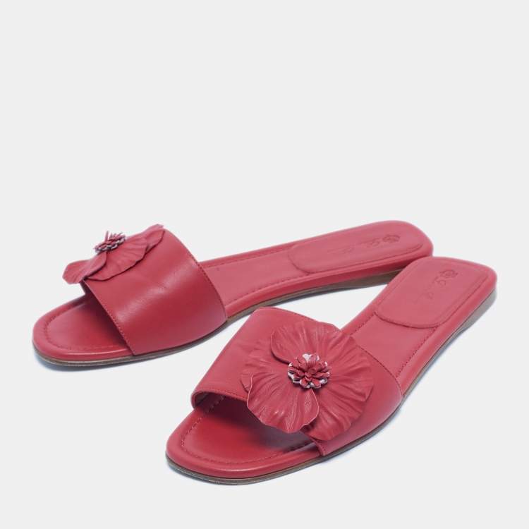 Pre Owned Loro Piana Red Leather Floral Applique Flat Slides Size 40