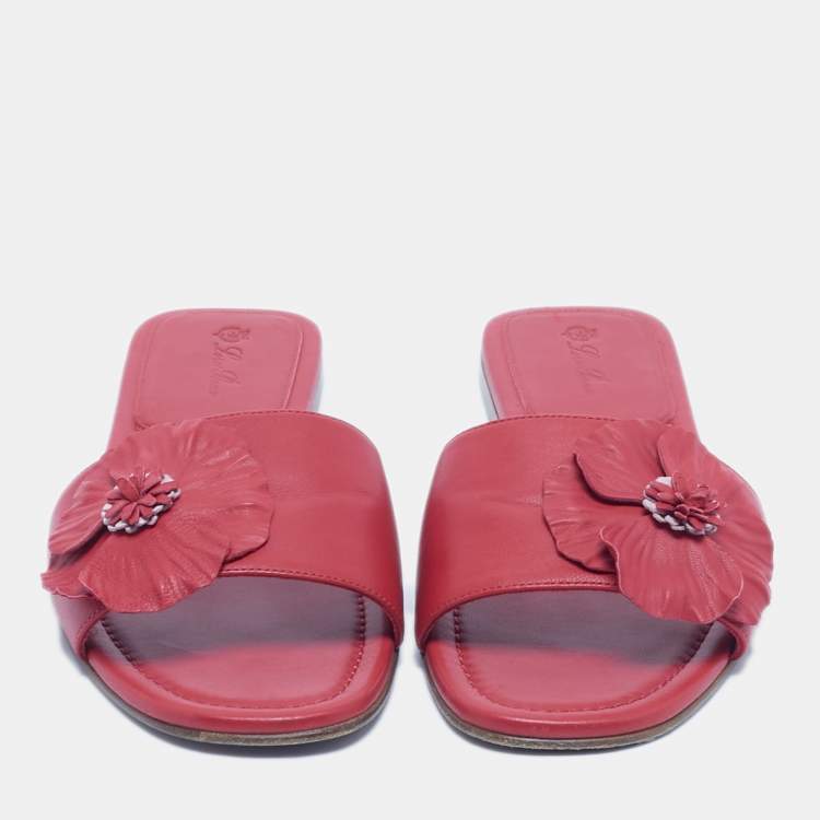 Pre Owned Loro Piana Red Leather Floral Applique Flat Slides Size 40