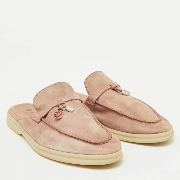 Pre Owned Loro Piana Pale Pink Suede Babouche Charms Walk Flat Mules Size 39