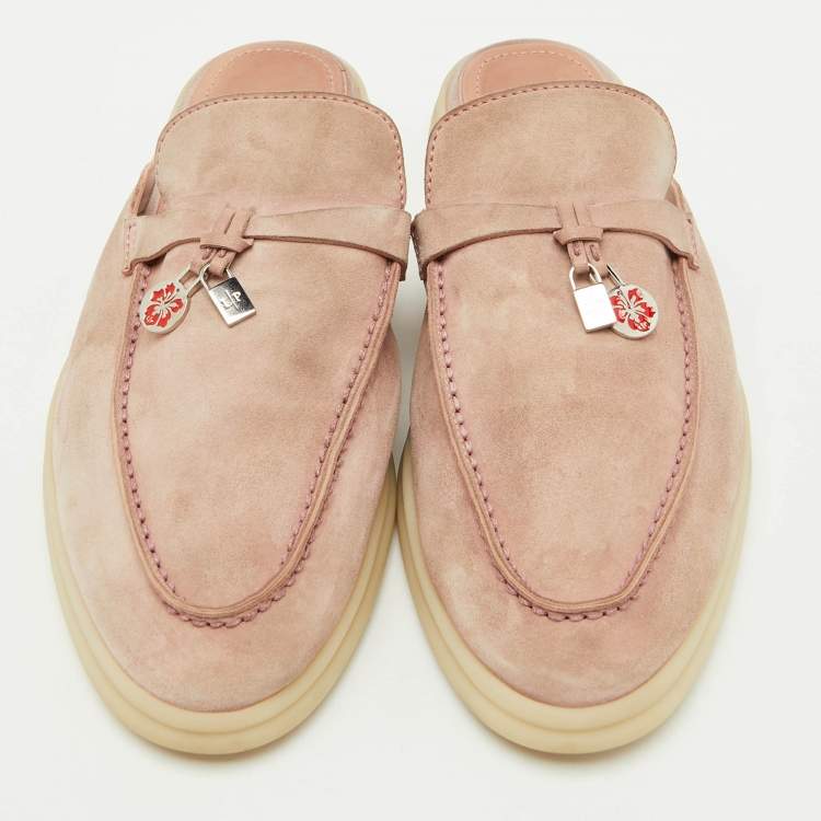 Pre Owned Loro Piana Pale Pink Suede Babouche Charms Walk Flat Mules Size 39