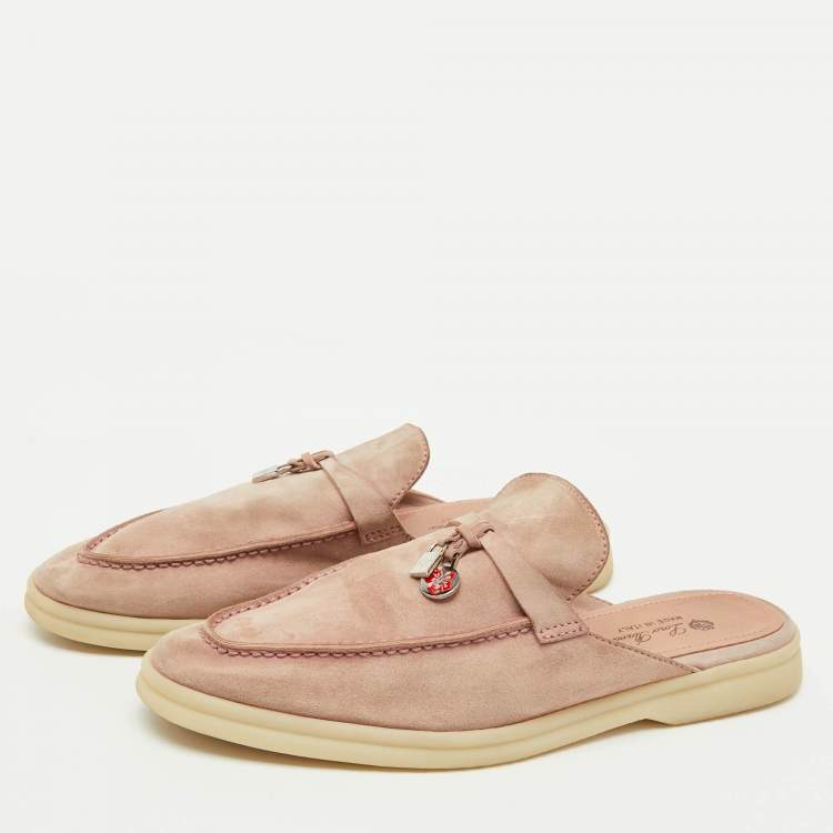 Pre Owned Loro Piana Pale Pink Suede Babouche Charms Walk Flat Mules Size 39