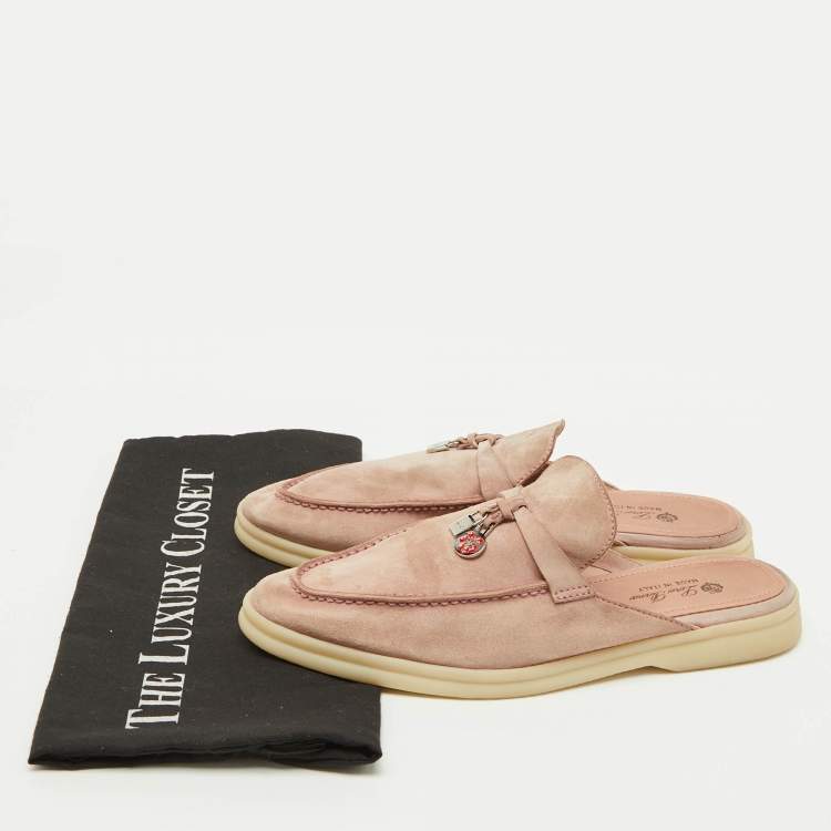 Pre Owned Loro Piana Pale Pink Suede Babouche Charms Walk Flat Mules Size 39