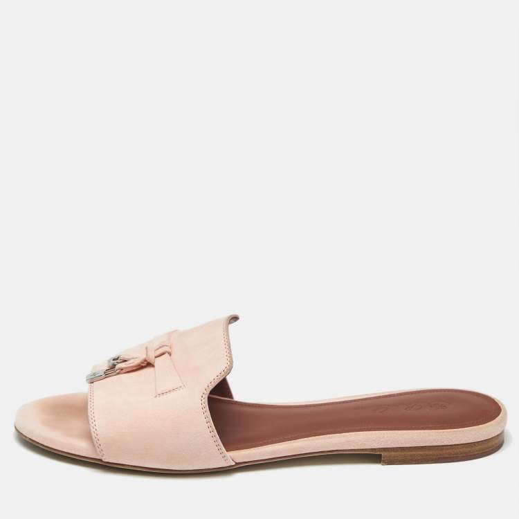 Pre Owned Loro Piana Pink Suede Summer Charms Flat Slides Size 37