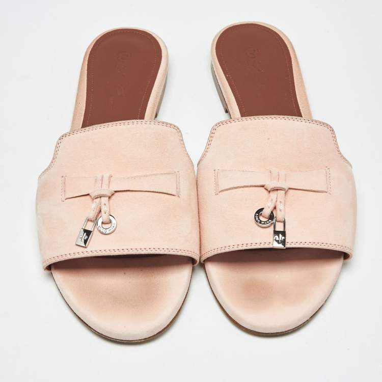 Pre Owned Loro Piana Pink Suede Summer Charms Flat Slides Size 37