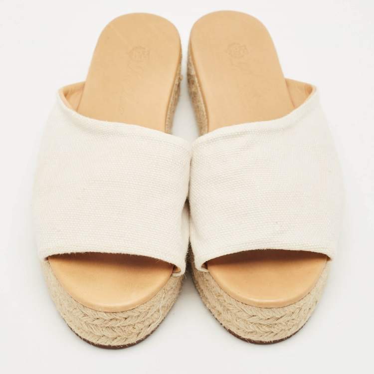 Pre Owned Loro Piana White Fabric Platform Espadrille Sandals Size 37
