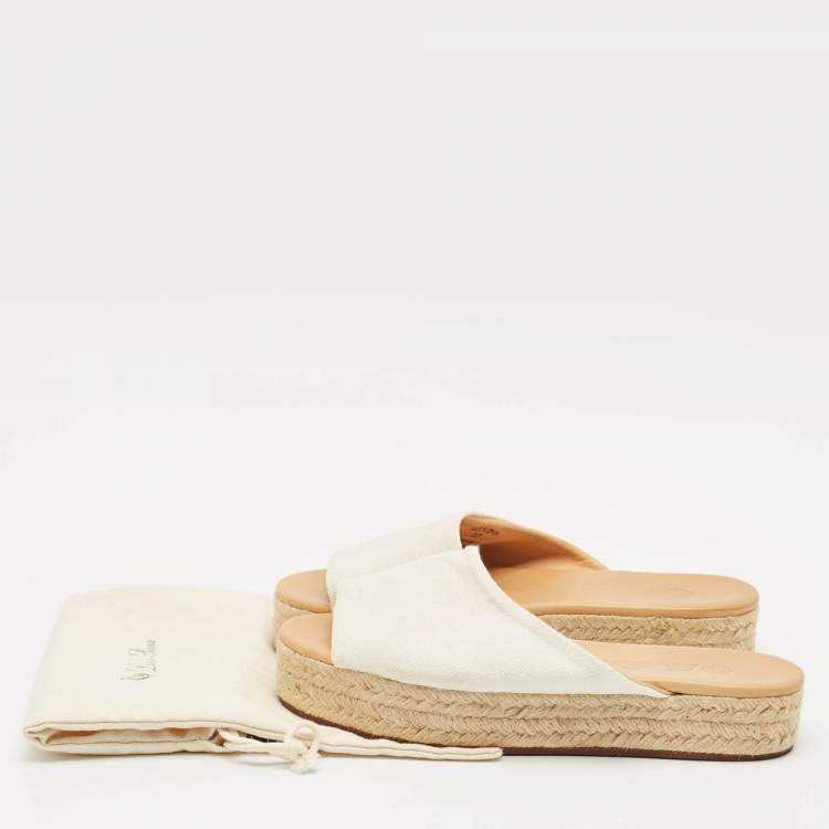 Pre Owned Loro Piana White Fabric Platform Espadrille Sandals Size 37