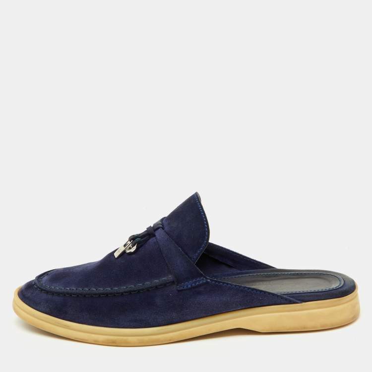 Pre Owned Loro Piana Navy Blue Suede Babouche Charms Walk Flat Mules Size 38