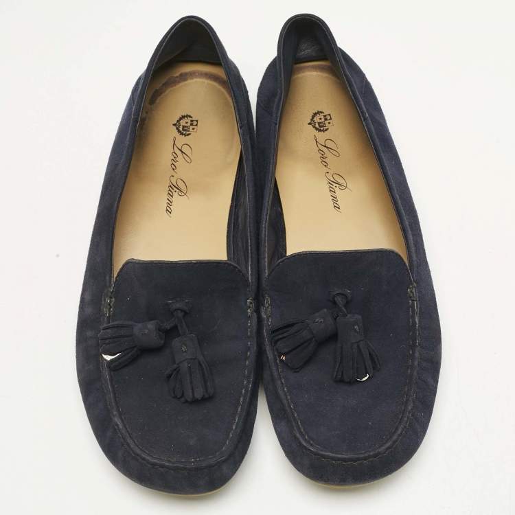 Pre Owned Loro Piana Navy Blue Suede Tassel Dot Sole Walk Slip On Loafers Size 39.5
