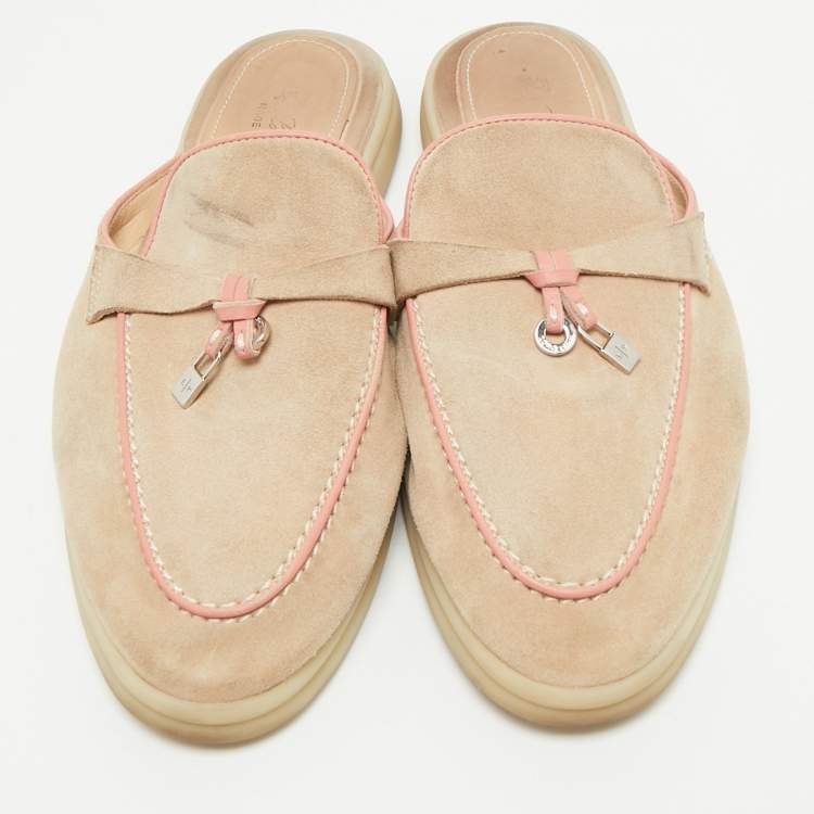 Pre Owned Loro Piana Pink/Beige Suede Babouche Charms Walk Mules Size 39