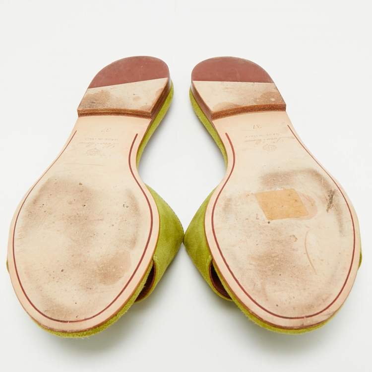 Pre Owned Loro Piana Green Suede Summer Charms Walk Flat Slides Size 37