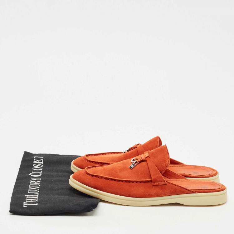 Pre Owned Loro Piana Orange Suede Babouche Charms Walk Mules Size 37.5