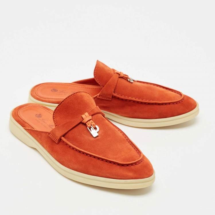 Pre Owned Loro Piana Orange Suede Babouche Charms Walk Mules Size 37.5