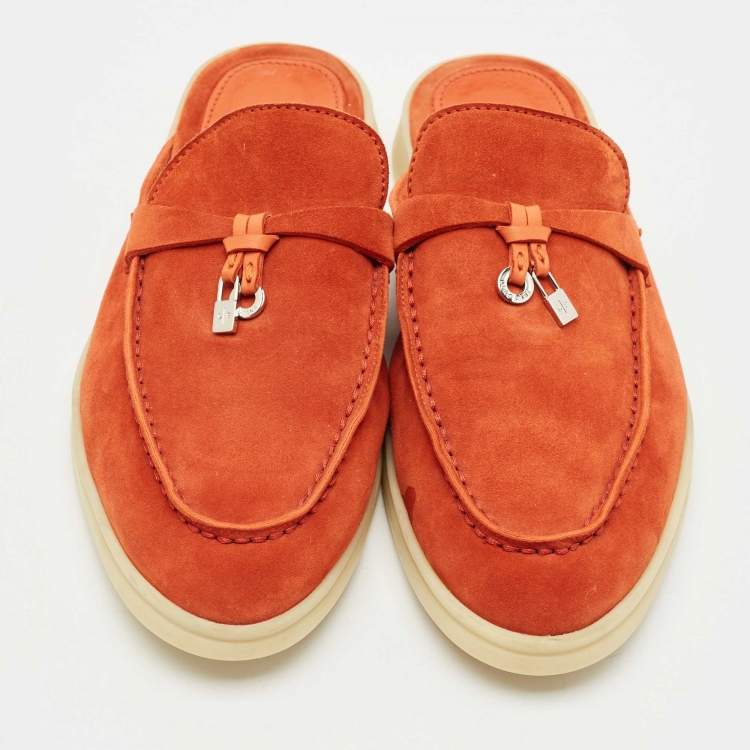 Pre Owned Loro Piana Orange Suede Babouche Charms Walk Mules Size 37.5