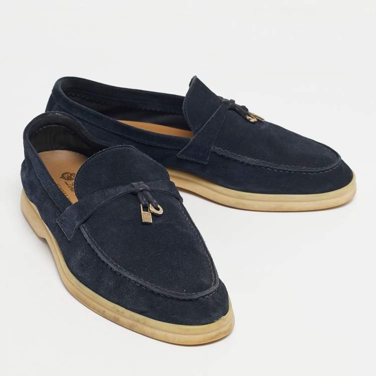 Pre Owned Loro Piana Navy Blue Suede Summer Charms Walk Loafers Size 38