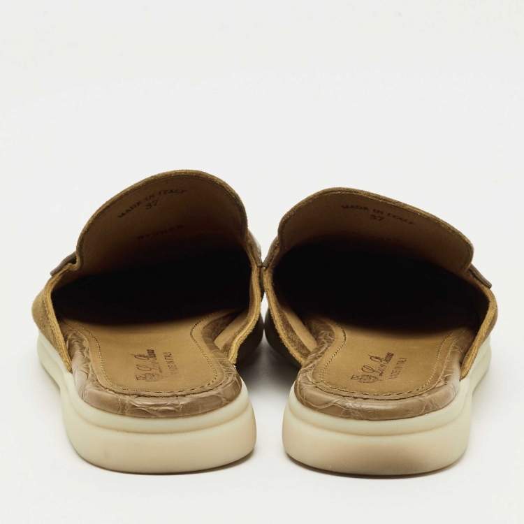 مملوكة مسبقًا Loro Piana Green Crocodile Leather and Suede Babouche Charms Walk Mules Size 37