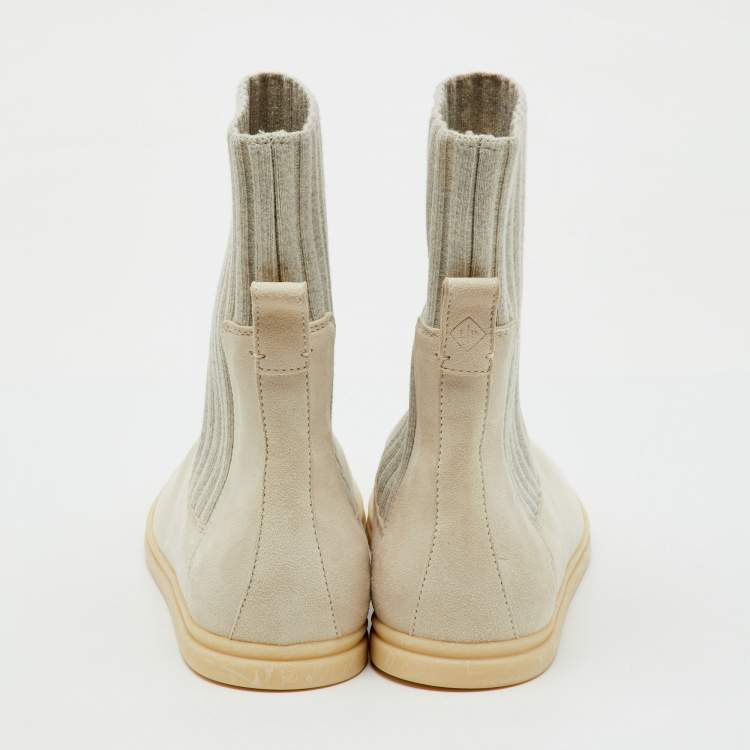 Pre Owned Loro Piana Light Grey Knit Fabric and Suede Ankle Sock Boots Size 36