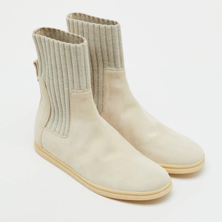 Pre Owned Loro Piana Light Grey Knit Fabric and Suede Ankle Sock Boots Size 36
