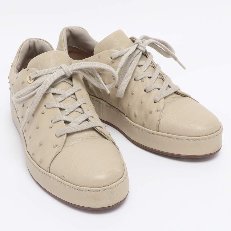 Pre Owned Loro Piana Olive Green Ostrich Leather Nuages Low Top Sneakers Size 38.5