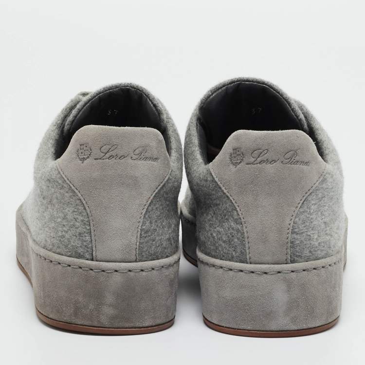 Pre Owned Loro Piana Grey Shearling and Suede Nuages Lace Up Sneakers Size 37