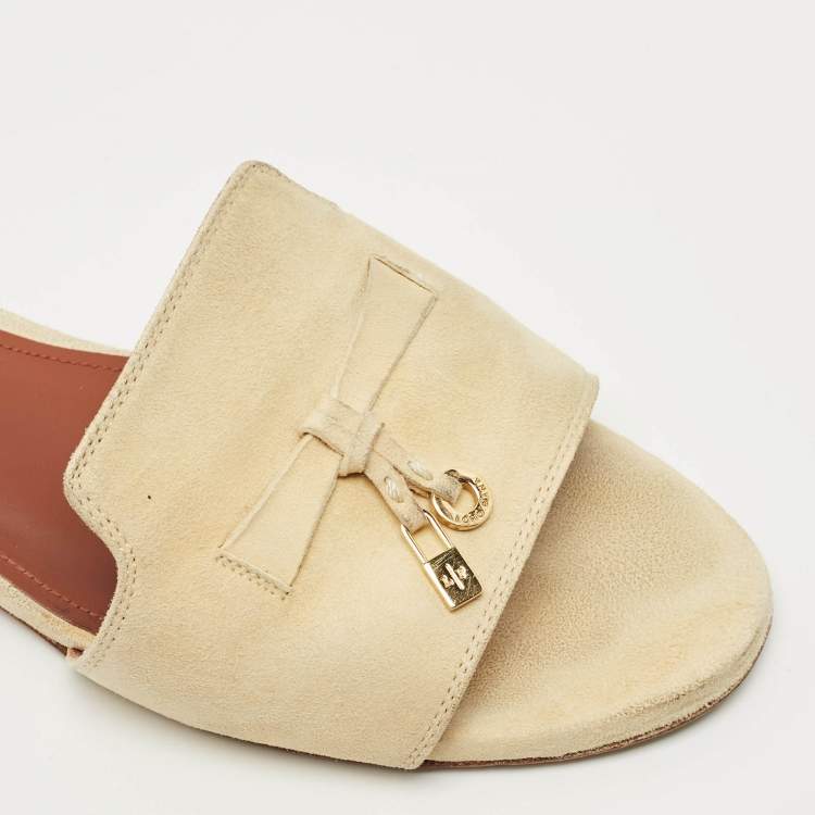 Pre Owned Loro Piana Cream Suede Summer Charms Walk Flat Slide Size 38.5