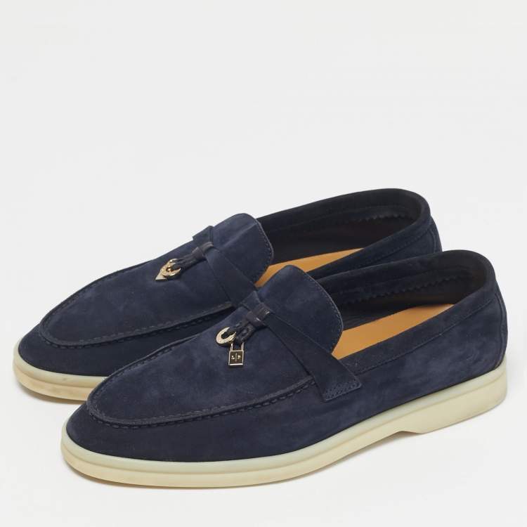 Pre Owned Loro Piana Navy Blue Suede Summer Charms Walk  Loafers Size 35.5